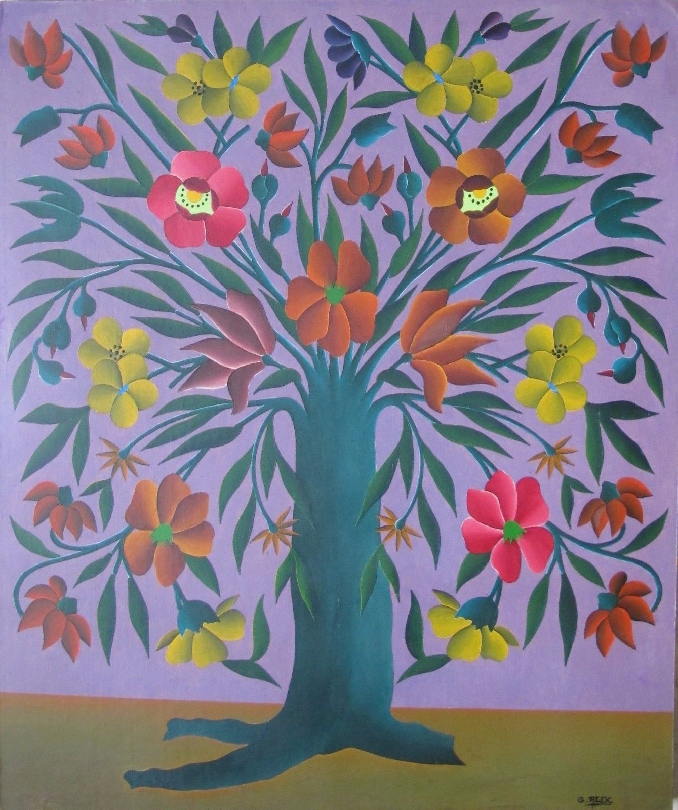 Gabriel Alix Haitian Saint-Marc 1930-1998 Tree of Life circa 1960's Oil Masonite