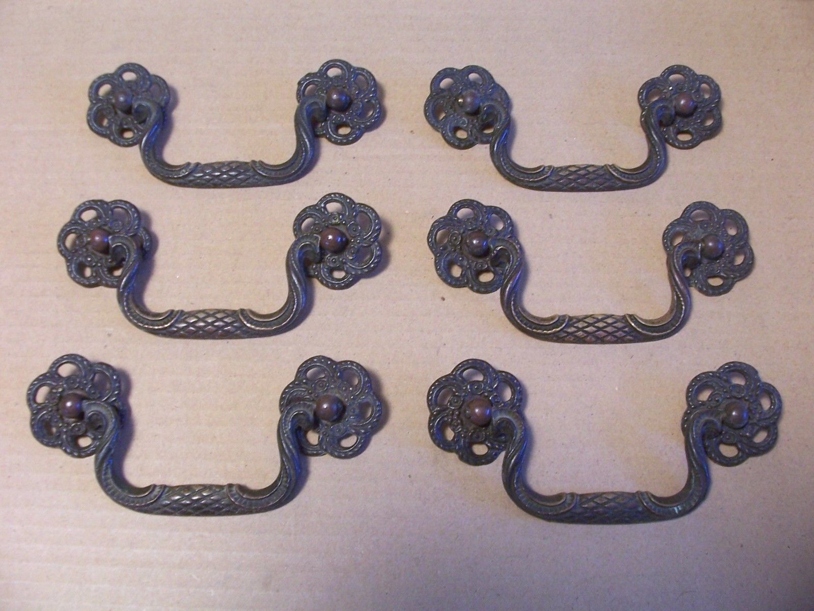 (6) ANTIQUE SOLID BRASS  DRAWER PULLS / HANDLES  -- ORIGINAL SCREWS INCLUDED