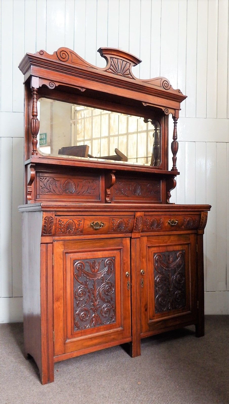 Antique Victorian carved walnut mirror back sideboard - dresser