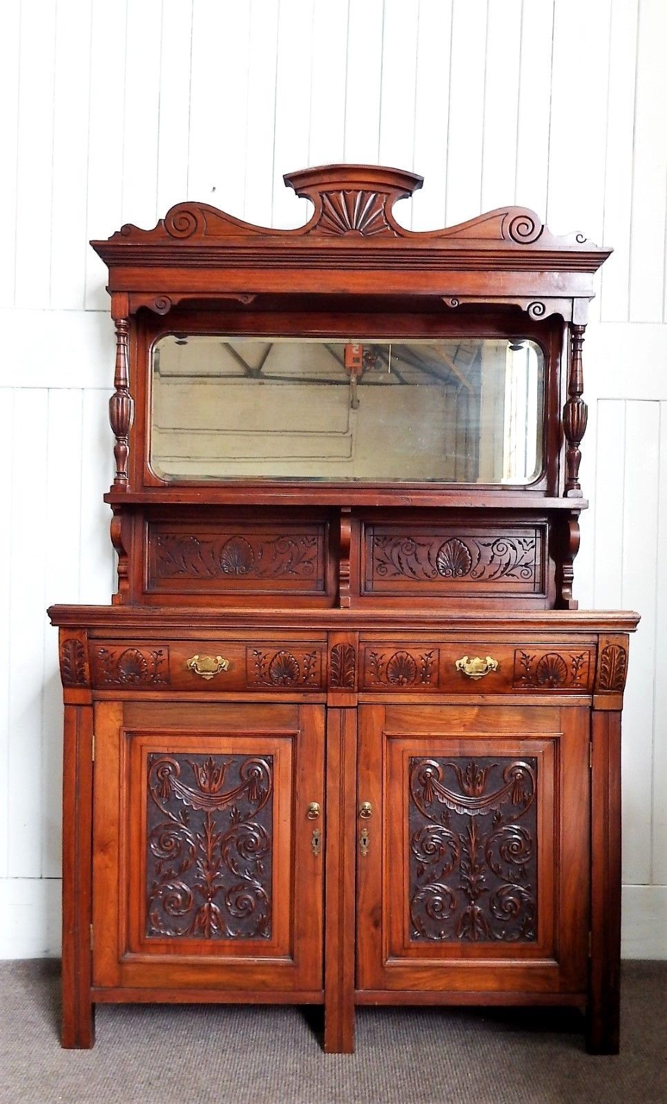 Antique Victorian carved walnut mirror back sideboard - dresser