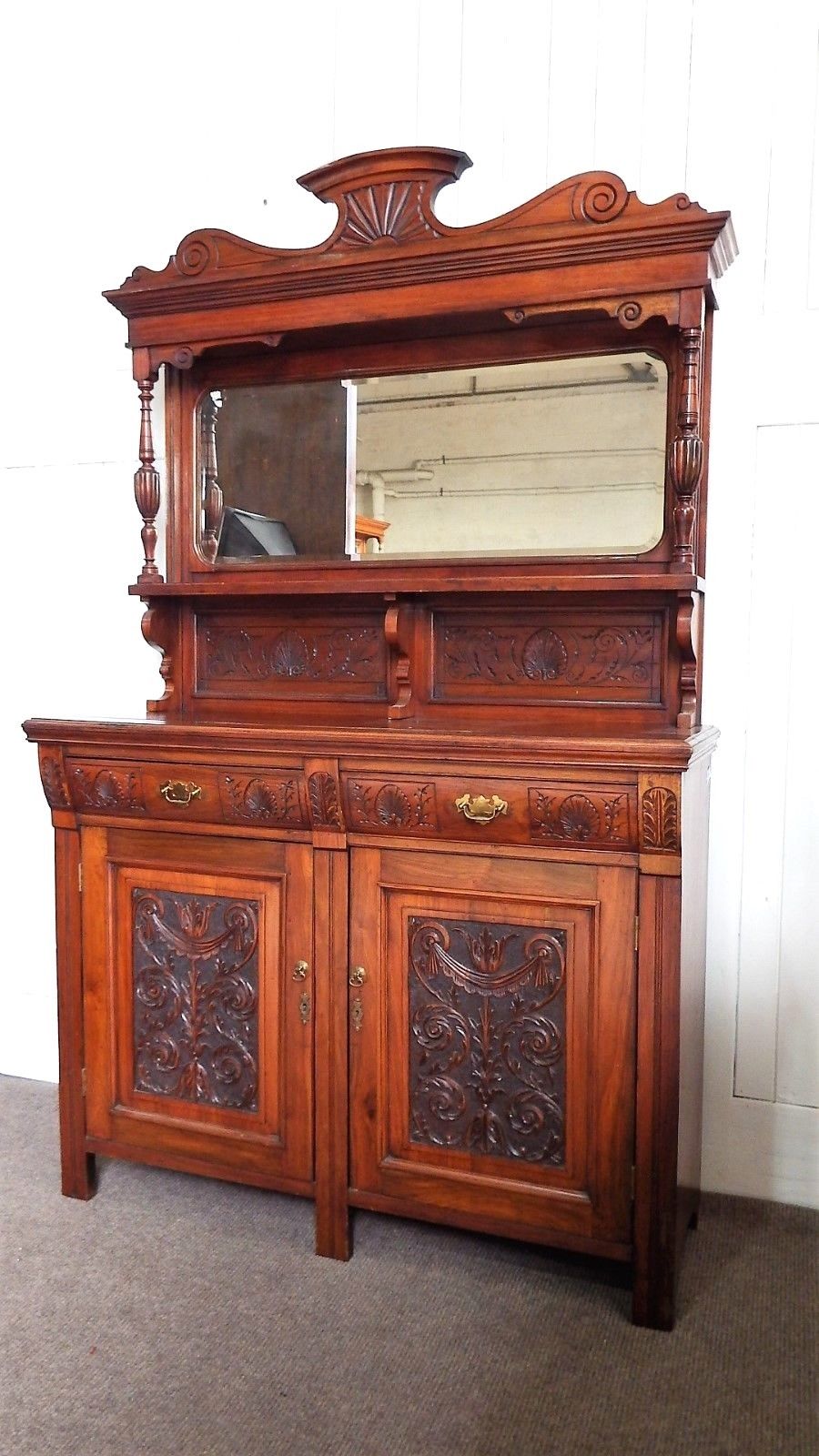 Antique Victorian carved walnut mirror back sideboard - dresser