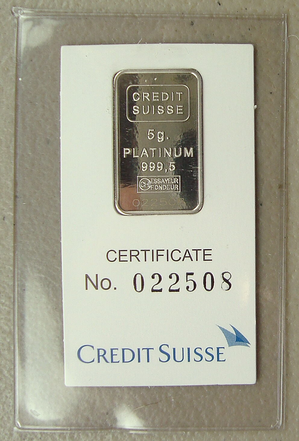 Credit Suisse 5 Gram .9995 Pure Platinum Liberty Bullion Bar