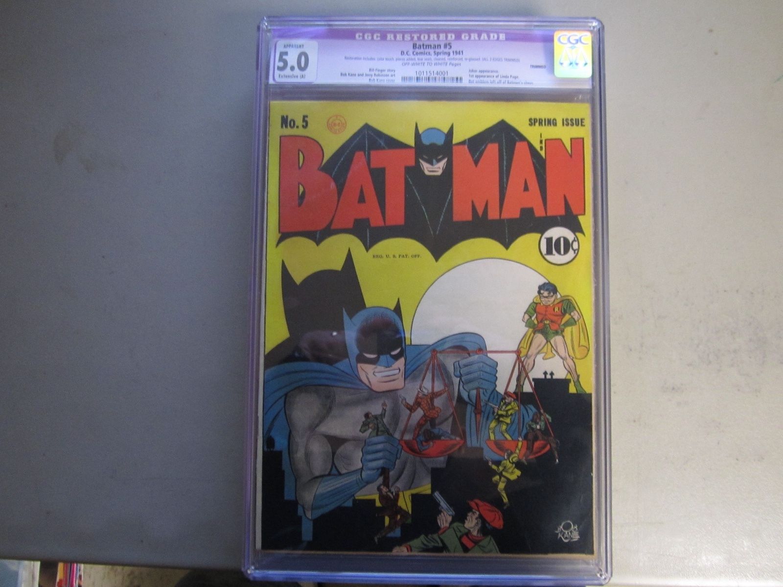 Batman #5 CGC 5.0 Comic Book  1941  Joker App. &  Bat Emblem Not On Batman Chest