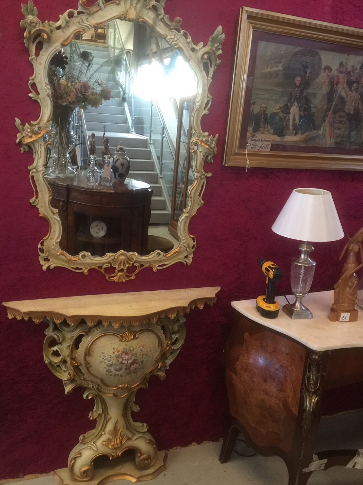 Italian Carved Wooden Painted Console Table And Mirror
