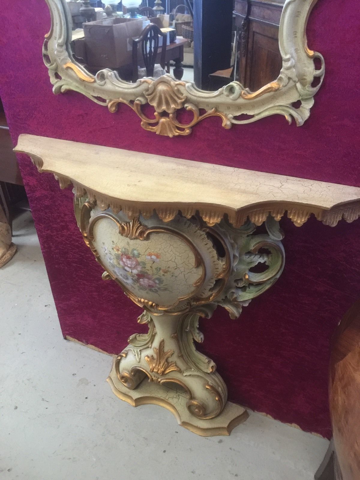 Italian Carved Wooden Painted Console Table And Mirror