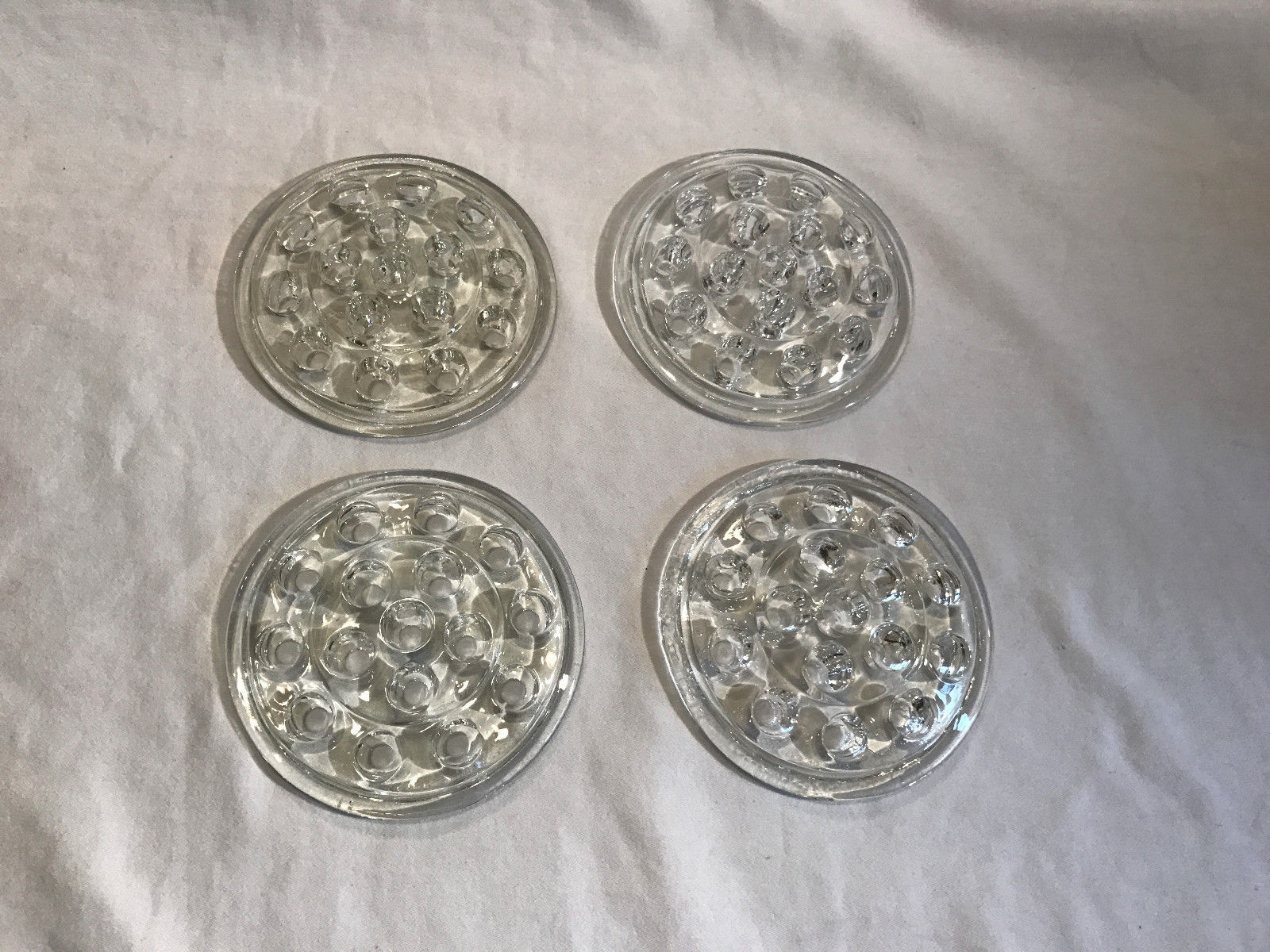 Vintage Set of 4 Clear Glass Flower Frogs 5 ¼” Domed 16 Hole