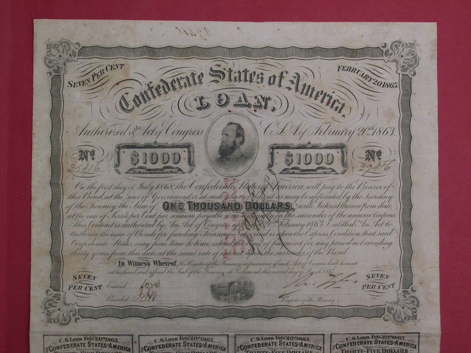 Confederate 1863 $1000 bond CSA Depositary Opelousas s/by Desmare RARE!!!