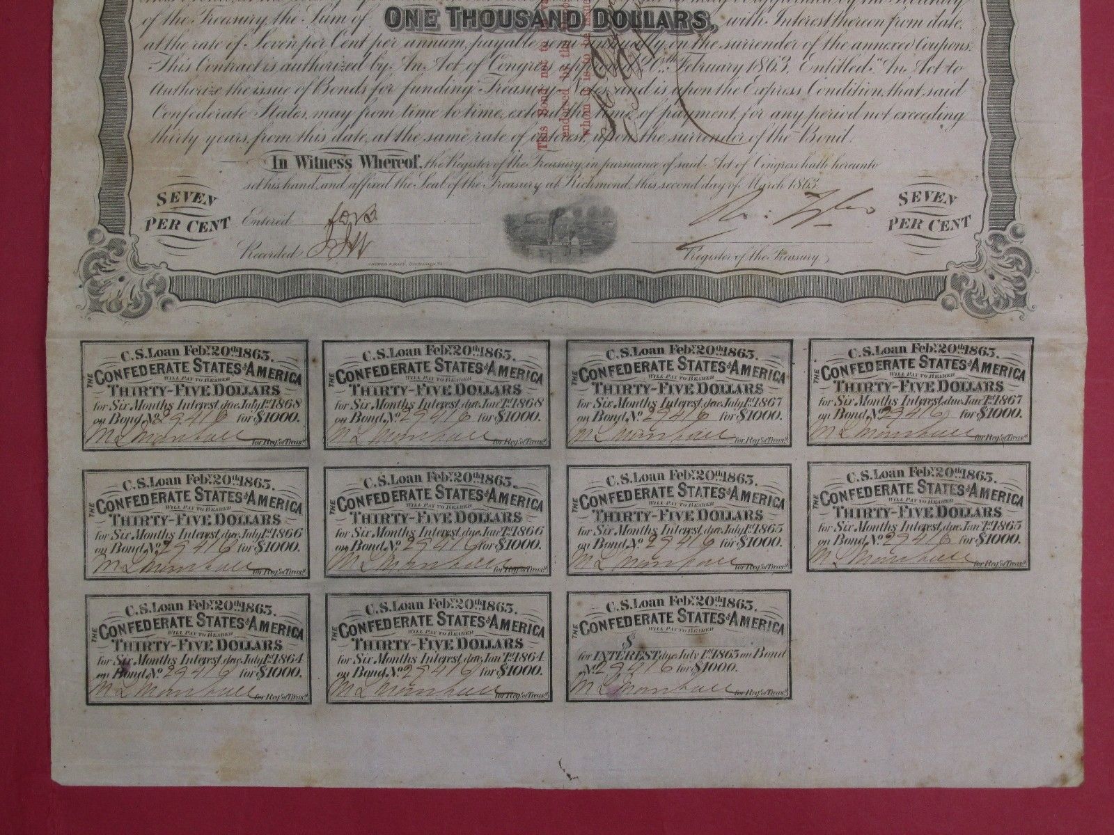 Confederate 1863 $1000 bond CSA Depositary Opelousas s/by Desmare RARE!!!