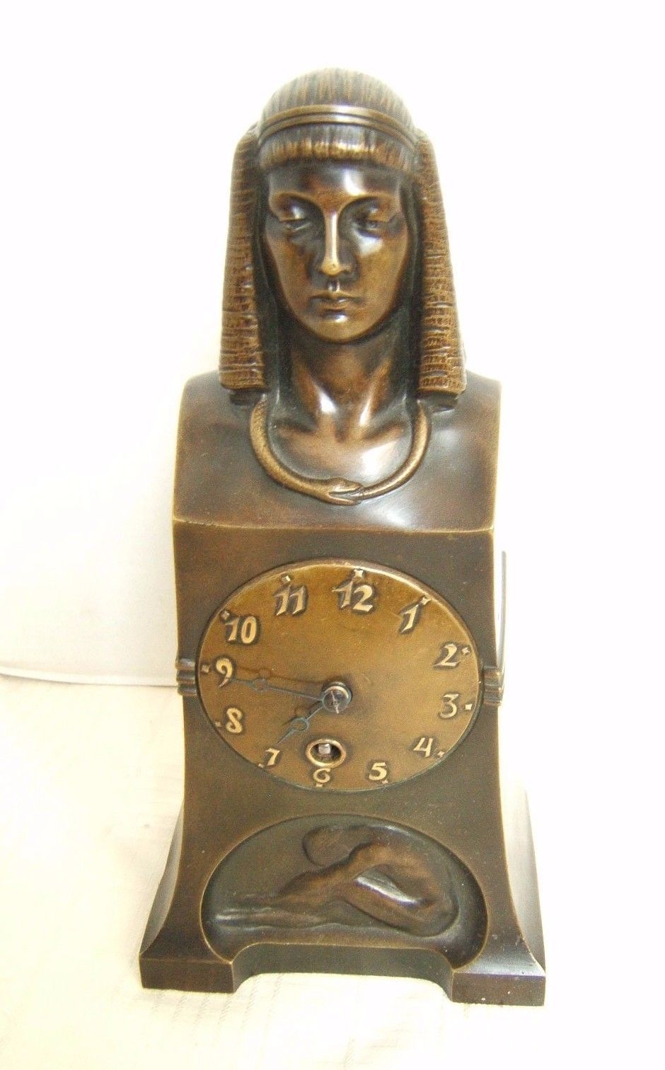 19TH CENTURY BRONZE FRENCH CLOCK EGYPTIAN REVIVAL SIGNED WORKING