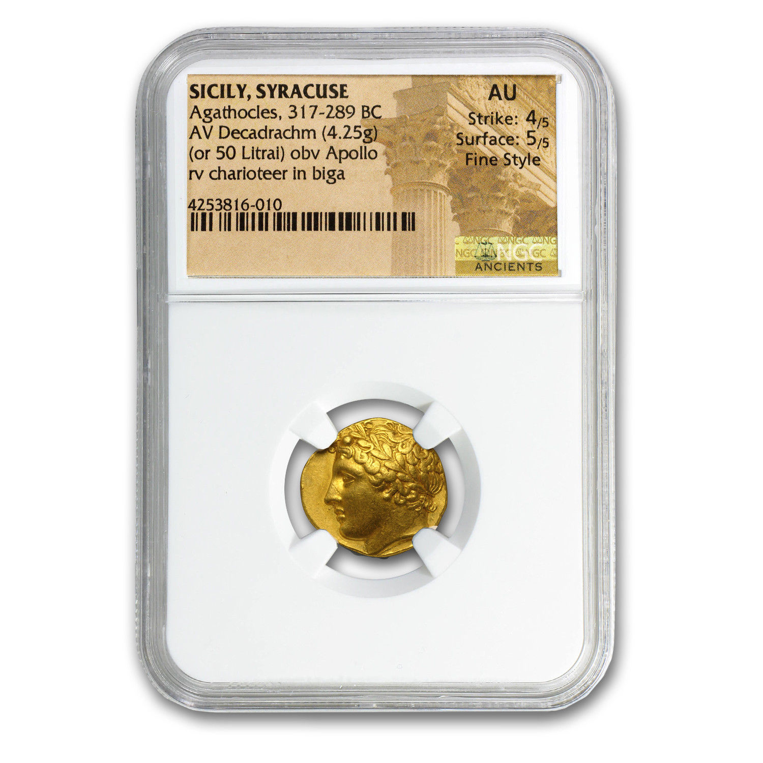 Sicily Syracuse Gold Decadrachm Agathocles (317-289 BC) AU NGC