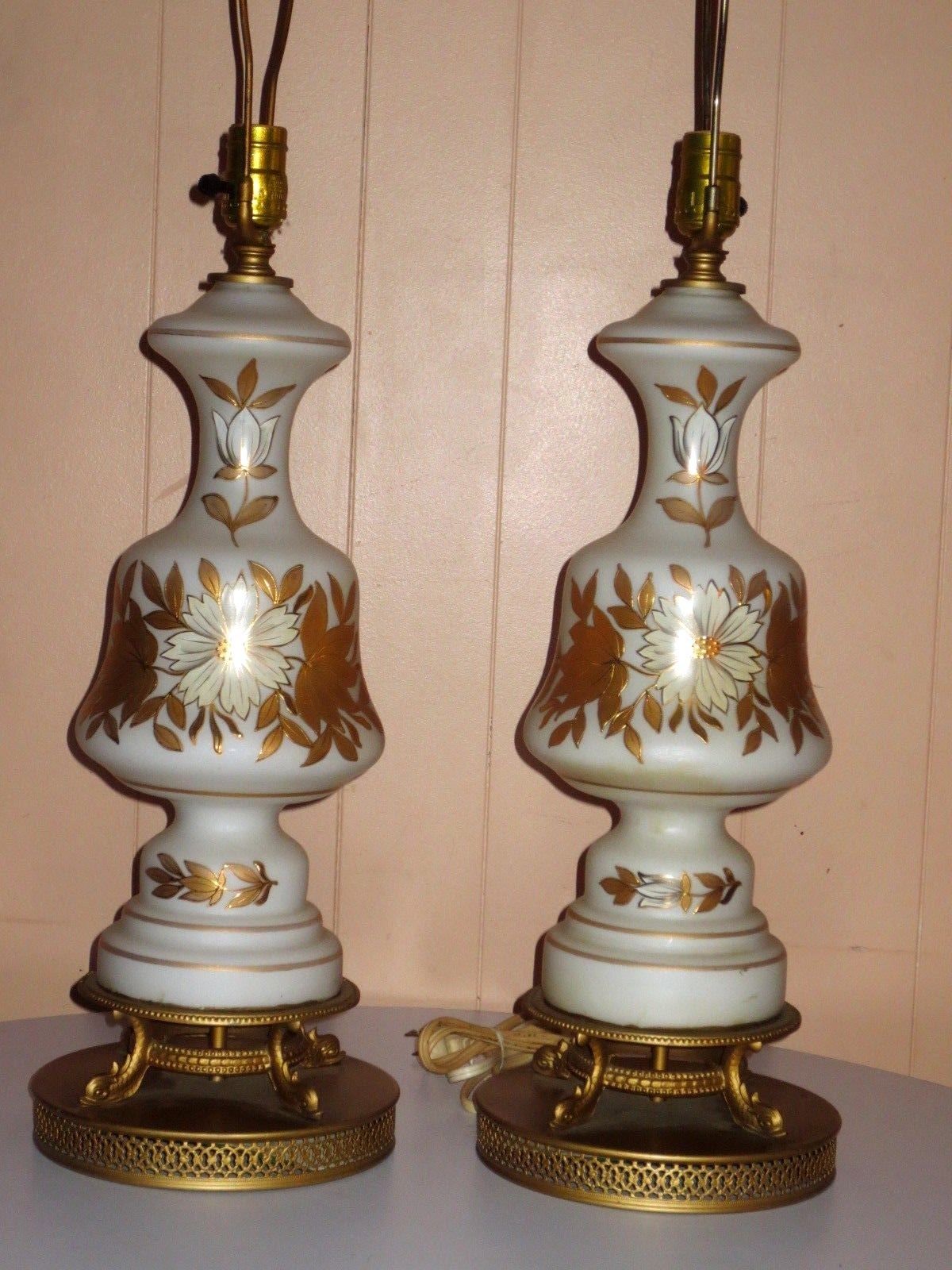 VINTAGE PAIR MID CENTURY ERA HOLLYWOOD REGENCY  BRASS and  GLASS TABLE LAMPS