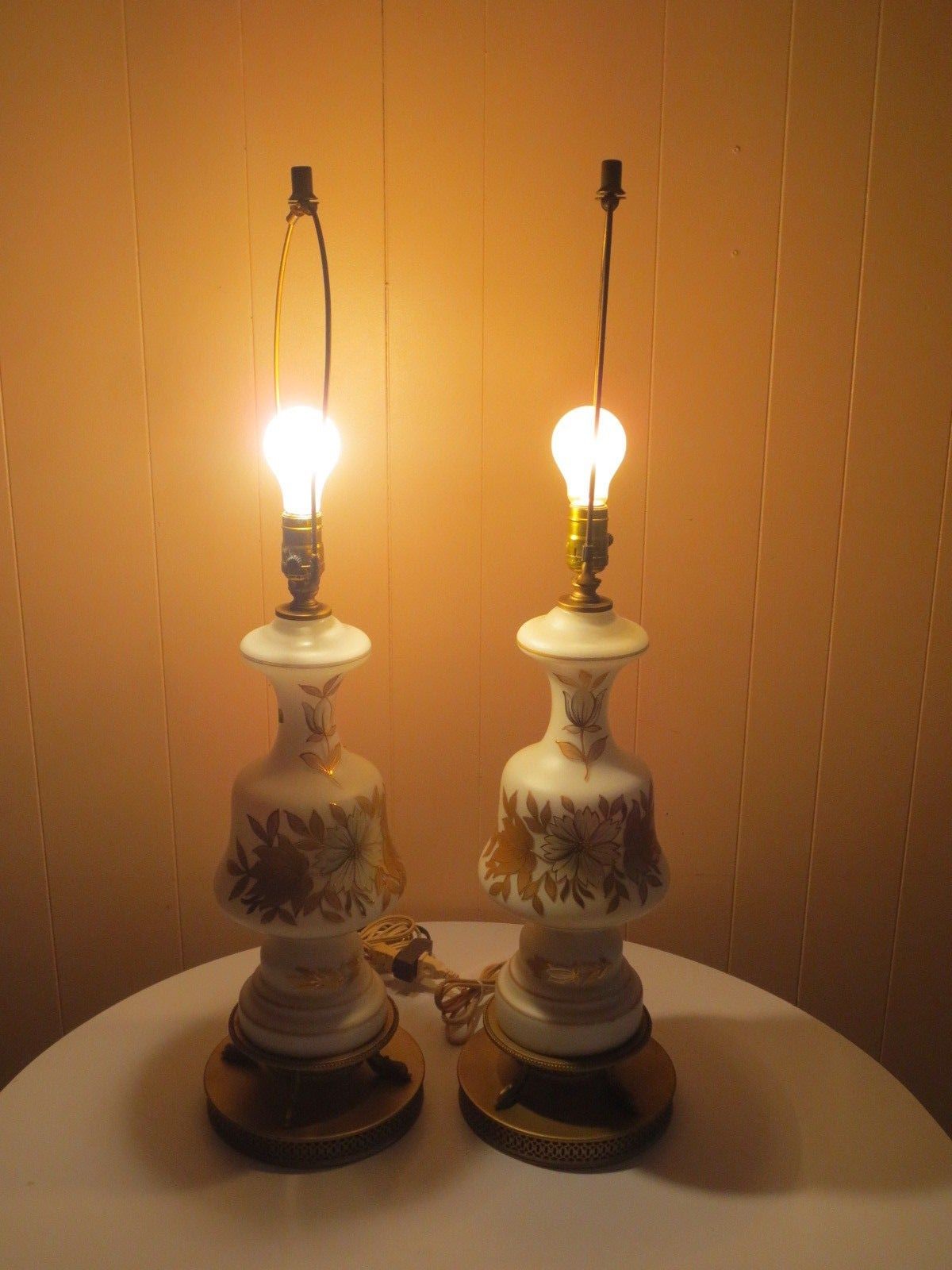 VINTAGE PAIR MID CENTURY ERA HOLLYWOOD REGENCY  BRASS and  GLASS TABLE LAMPS