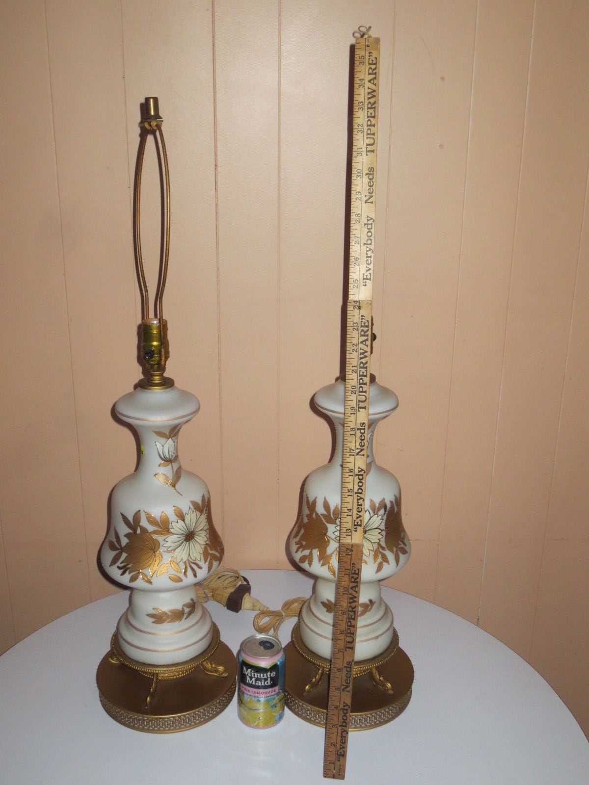 VINTAGE PAIR MID CENTURY ERA HOLLYWOOD REGENCY  BRASS and  GLASS TABLE LAMPS