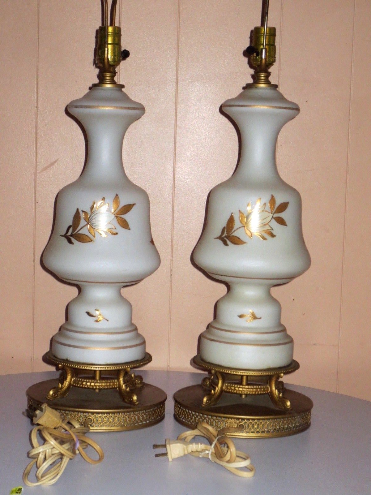 VINTAGE PAIR MID CENTURY ERA HOLLYWOOD REGENCY  BRASS and  GLASS TABLE LAMPS