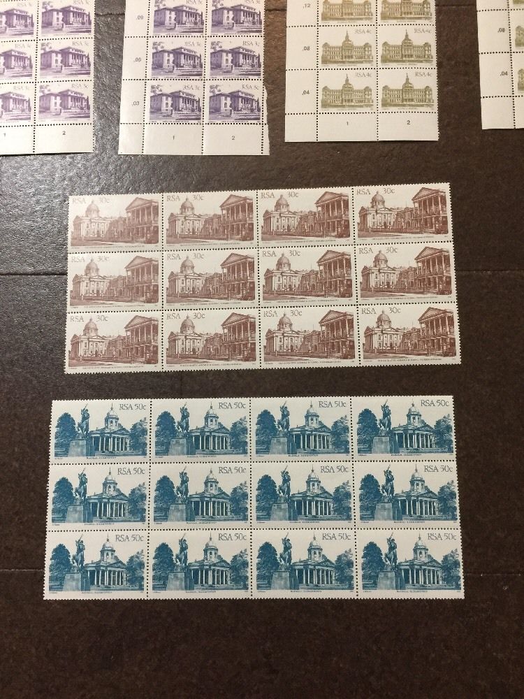 South Africa 1980's buildings stamps - MNH blocks (mostly LL corners). CV +++ $$