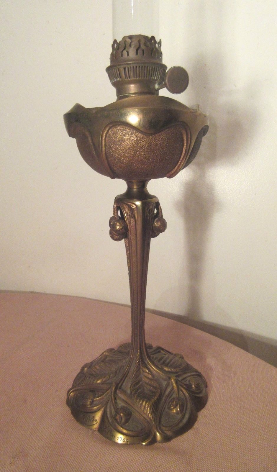 rare antique signed heavy brass G. Leleu salon 1904 ornate Art Nouveau oil lamp