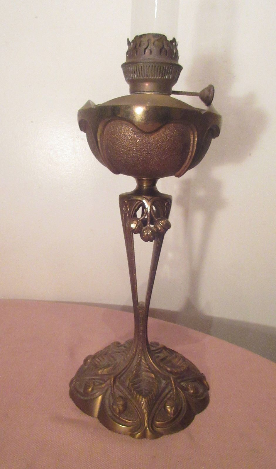 rare antique signed heavy brass G. Leleu salon 1904 ornate Art Nouveau oil lamp