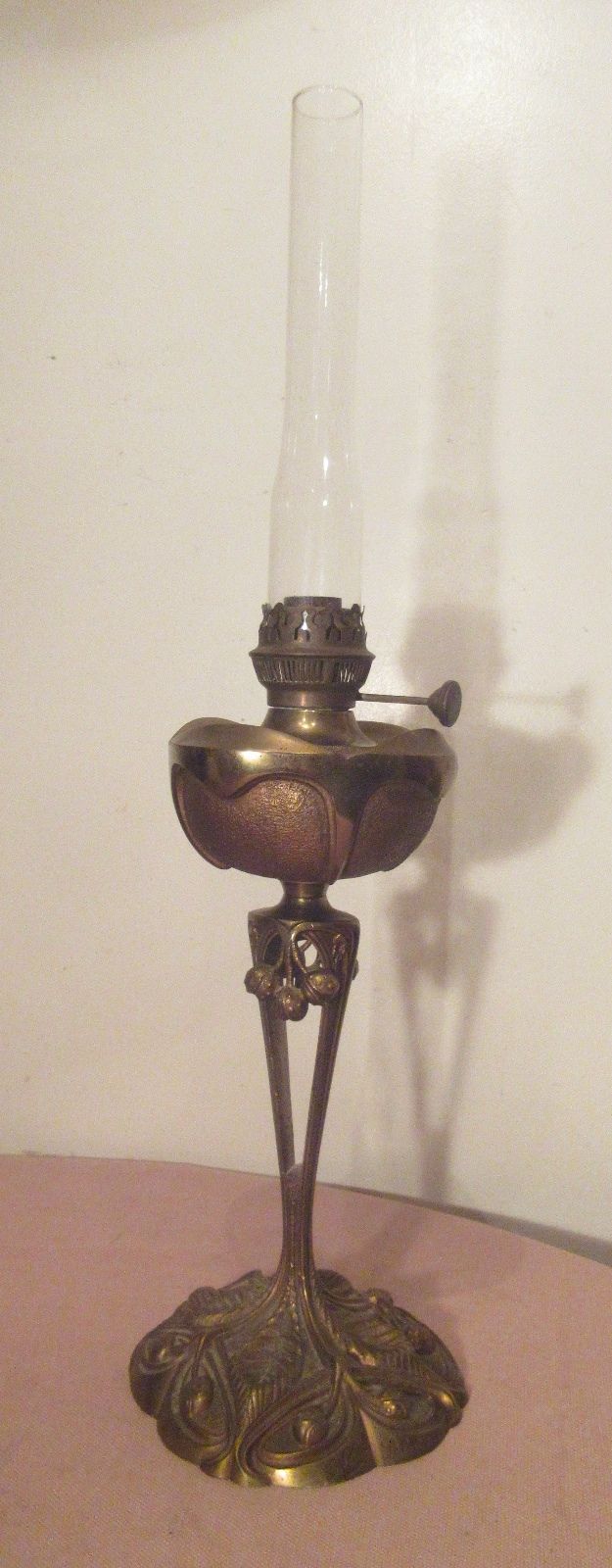 rare antique signed heavy brass G. Leleu salon 1904 ornate Art Nouveau oil lamp