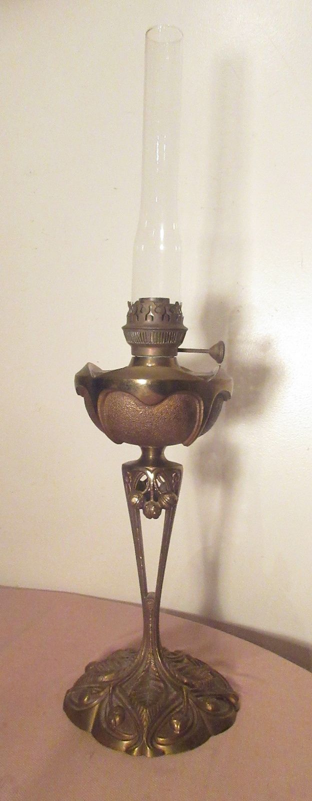 rare antique signed heavy brass G. Leleu salon 1904 ornate Art Nouveau oil lamp