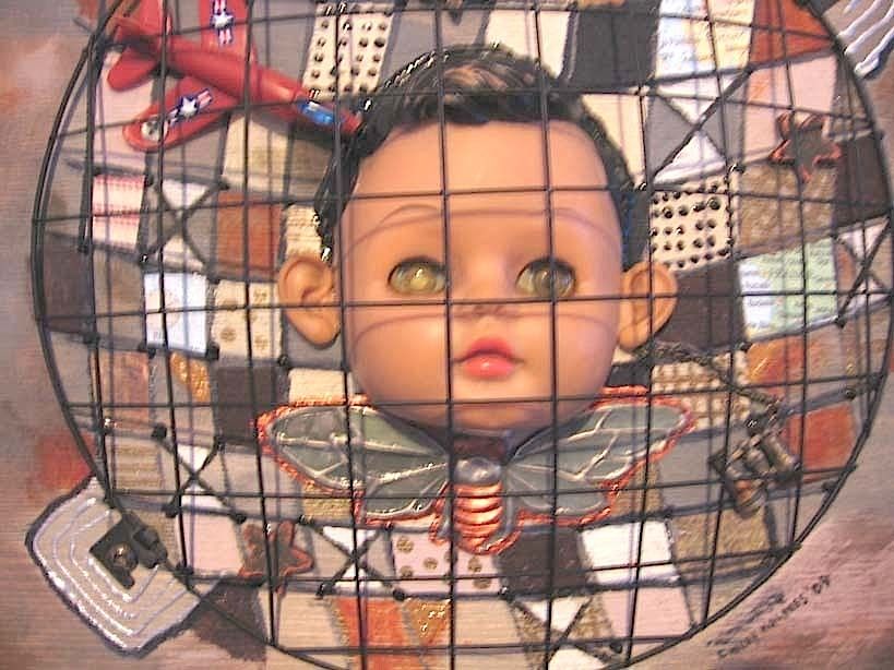 URBAN REUSE ART MIXED MEDIA VINTAGE DOLL HEAD WALL ART ON WOOD AIRPLANE ATTACK