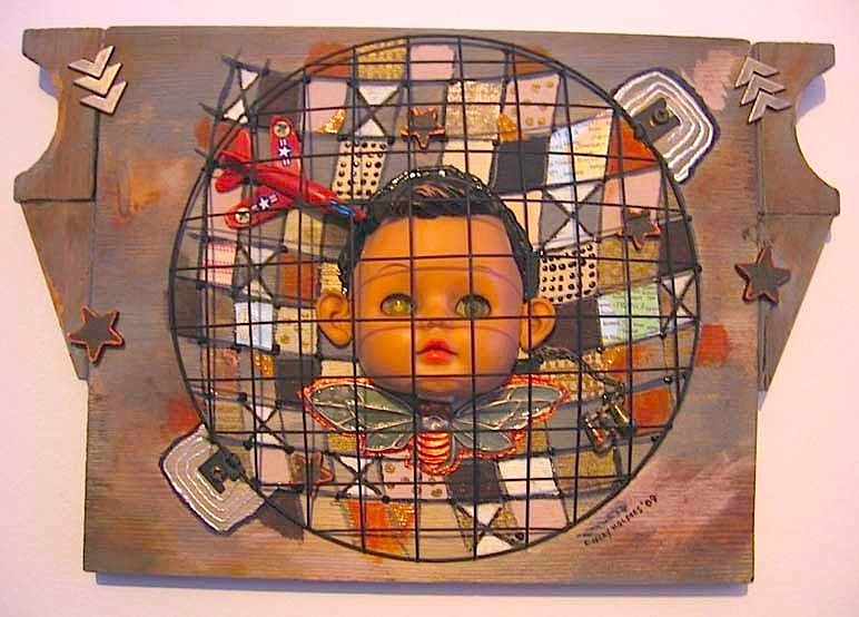 URBAN REUSE ART MIXED MEDIA VINTAGE DOLL HEAD WALL ART ON WOOD AIRPLANE ATTACK