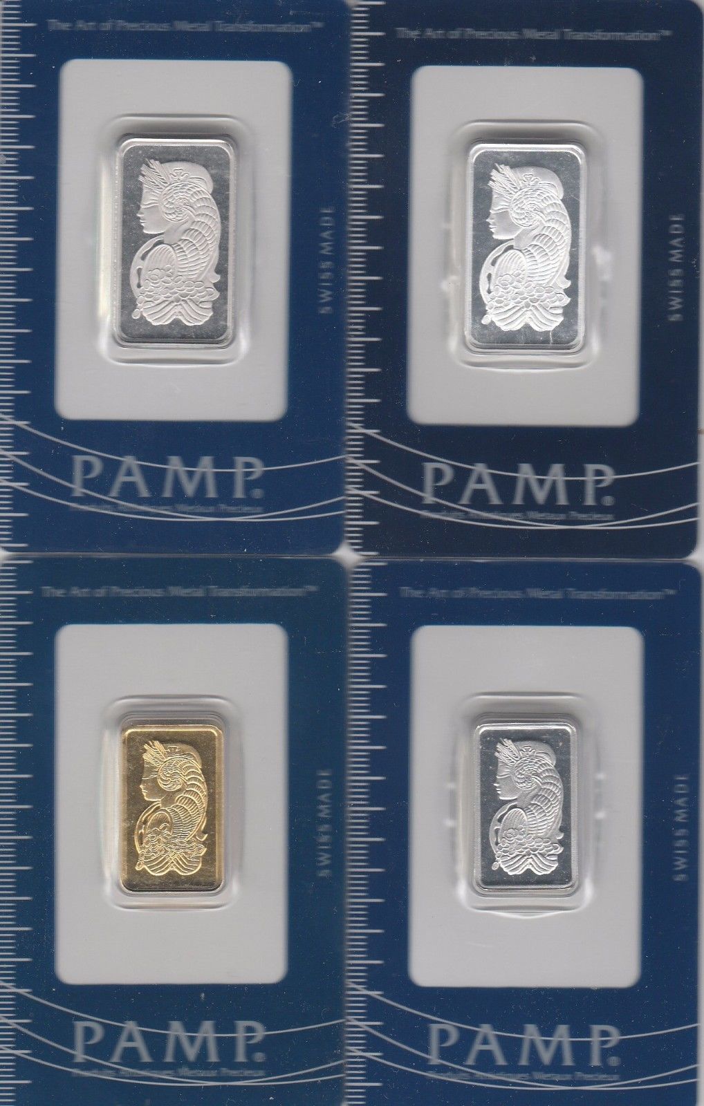 PAMP (4) 10 Gram Bars  Gold .9999, Silver .999, Platinum .9995, Palladium .9995