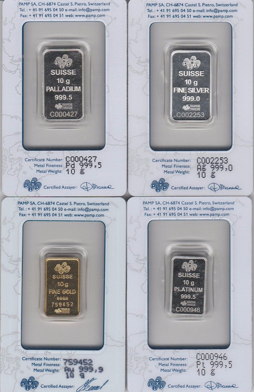 PAMP (4) 10 Gram Bars  Gold .9999, Silver .999, Platinum .9995, Palladium .9995