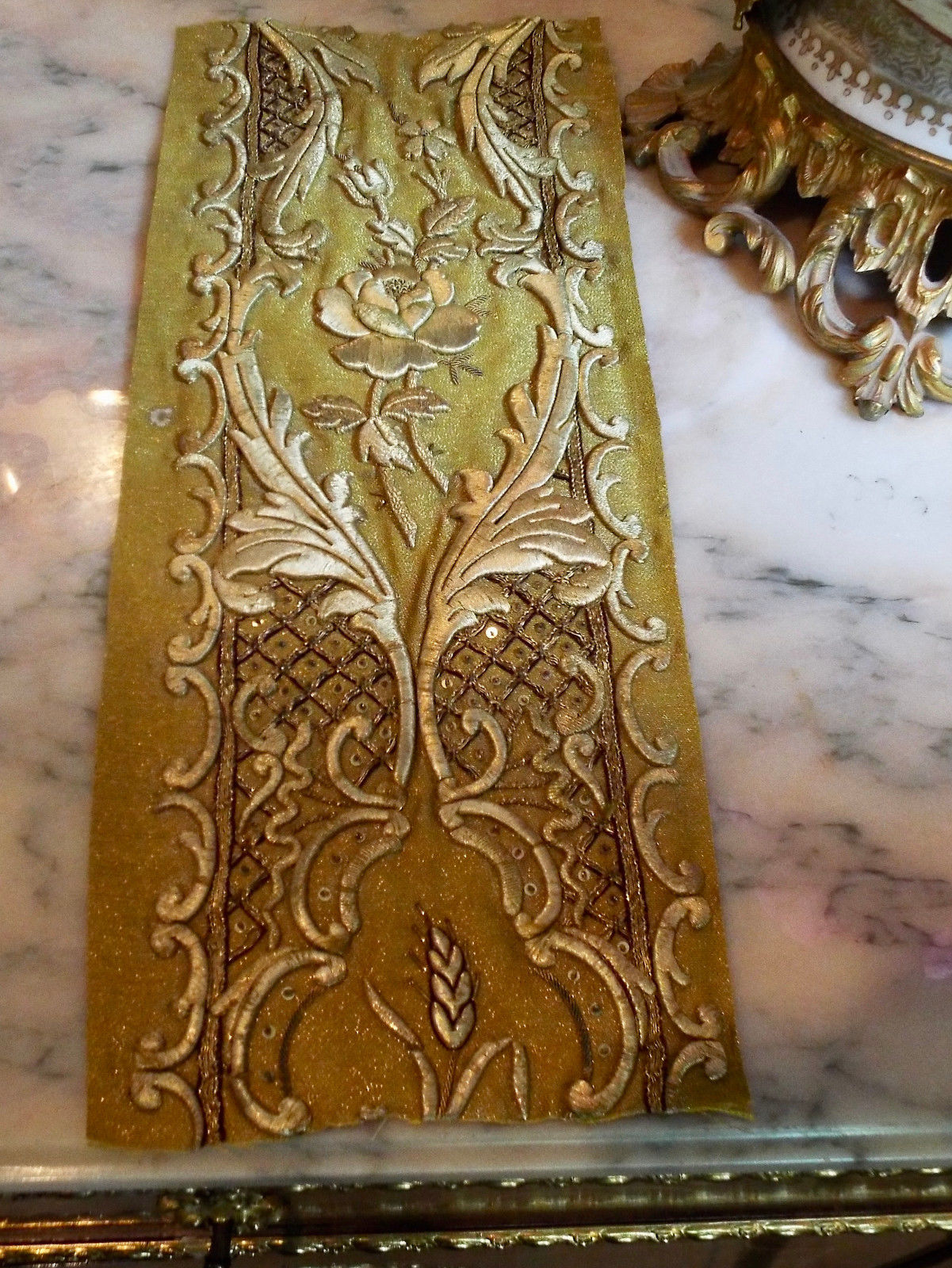 Antique French Gold Metallic Embroidered StumpWork Applique Rose Flower