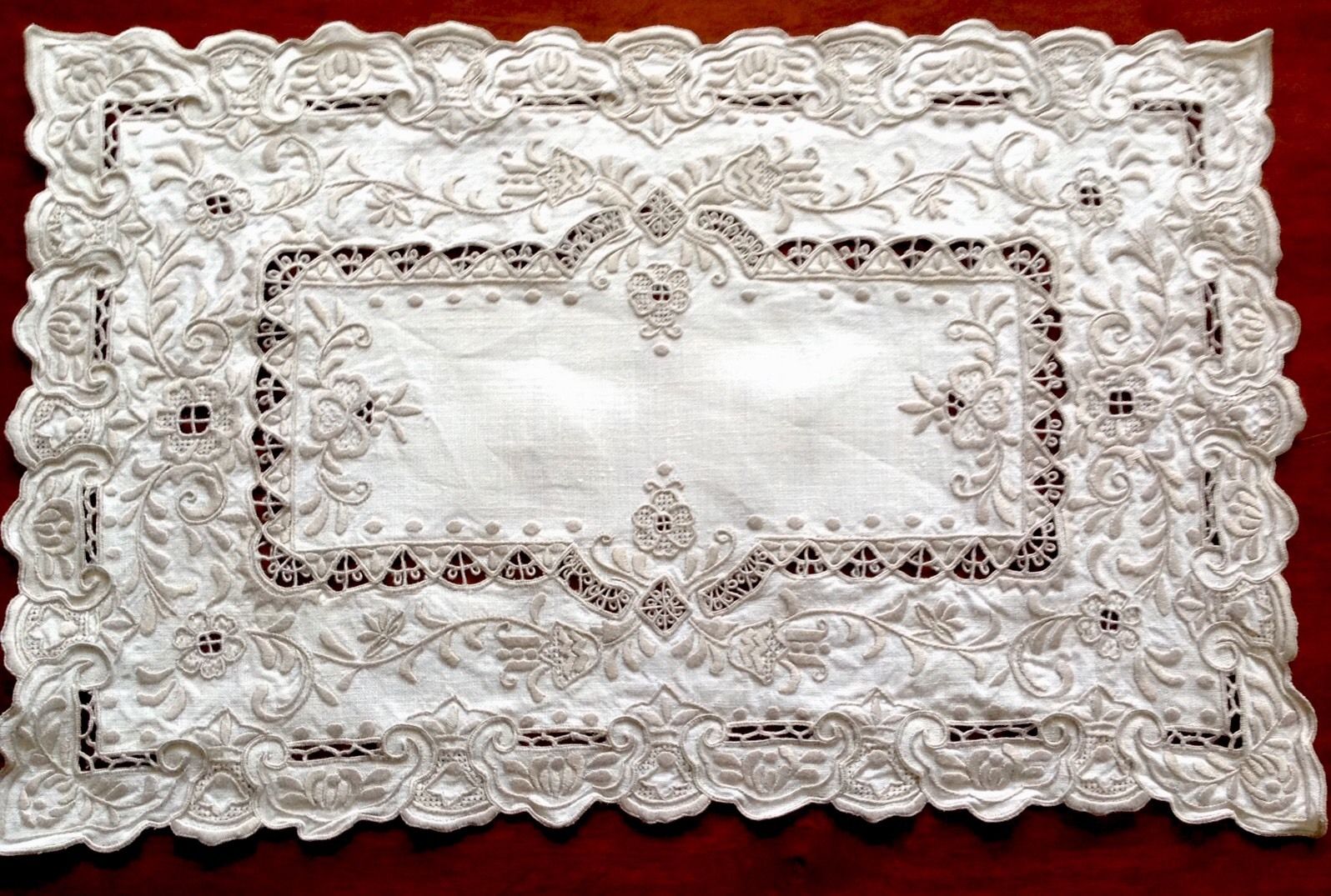 Antique / Vintage Hand Embroidered White Linen Silvery Taupe Table Centre Cloth