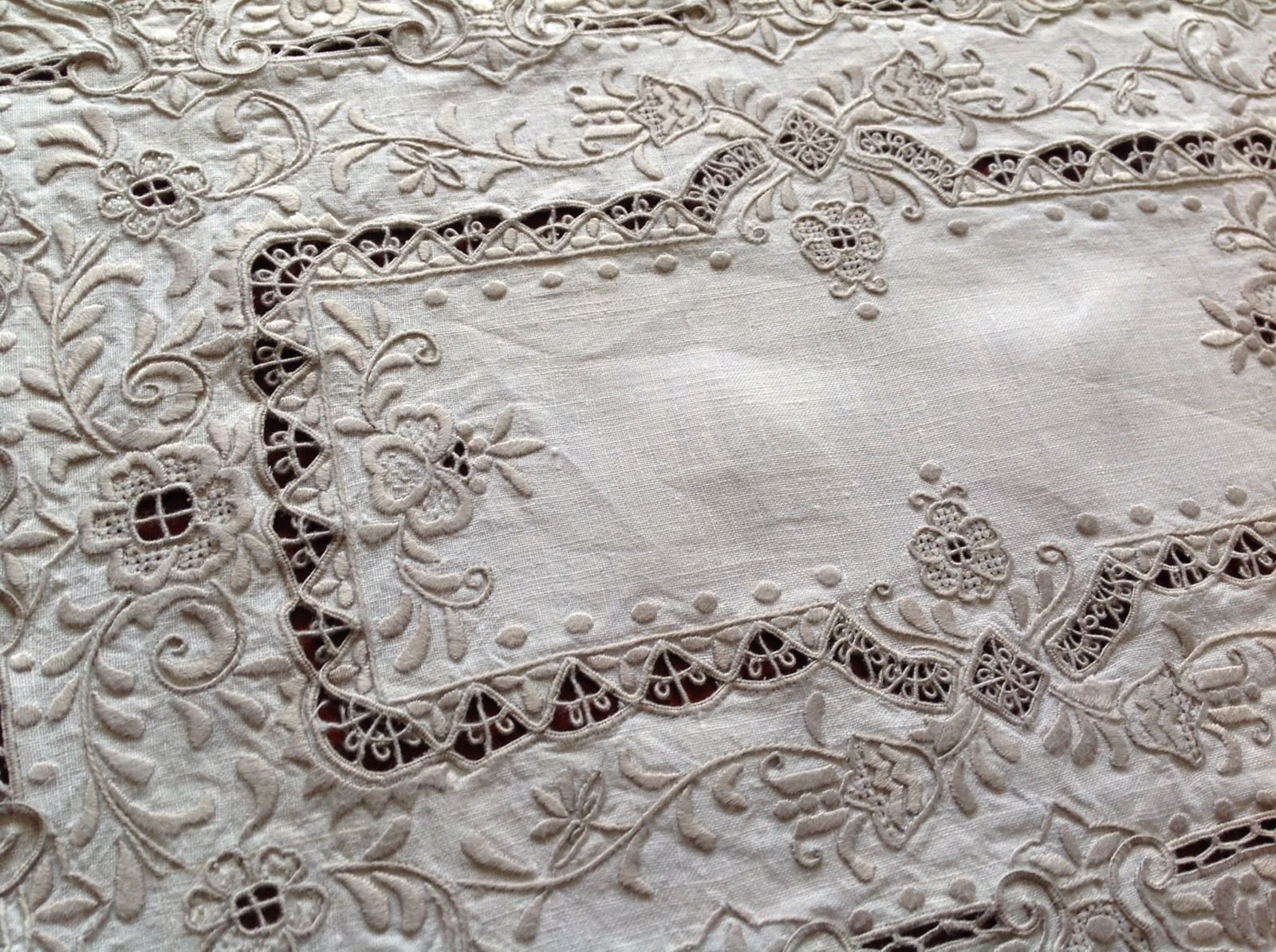 Antique / Vintage Hand Embroidered White Linen Silvery Taupe Table Centre Cloth