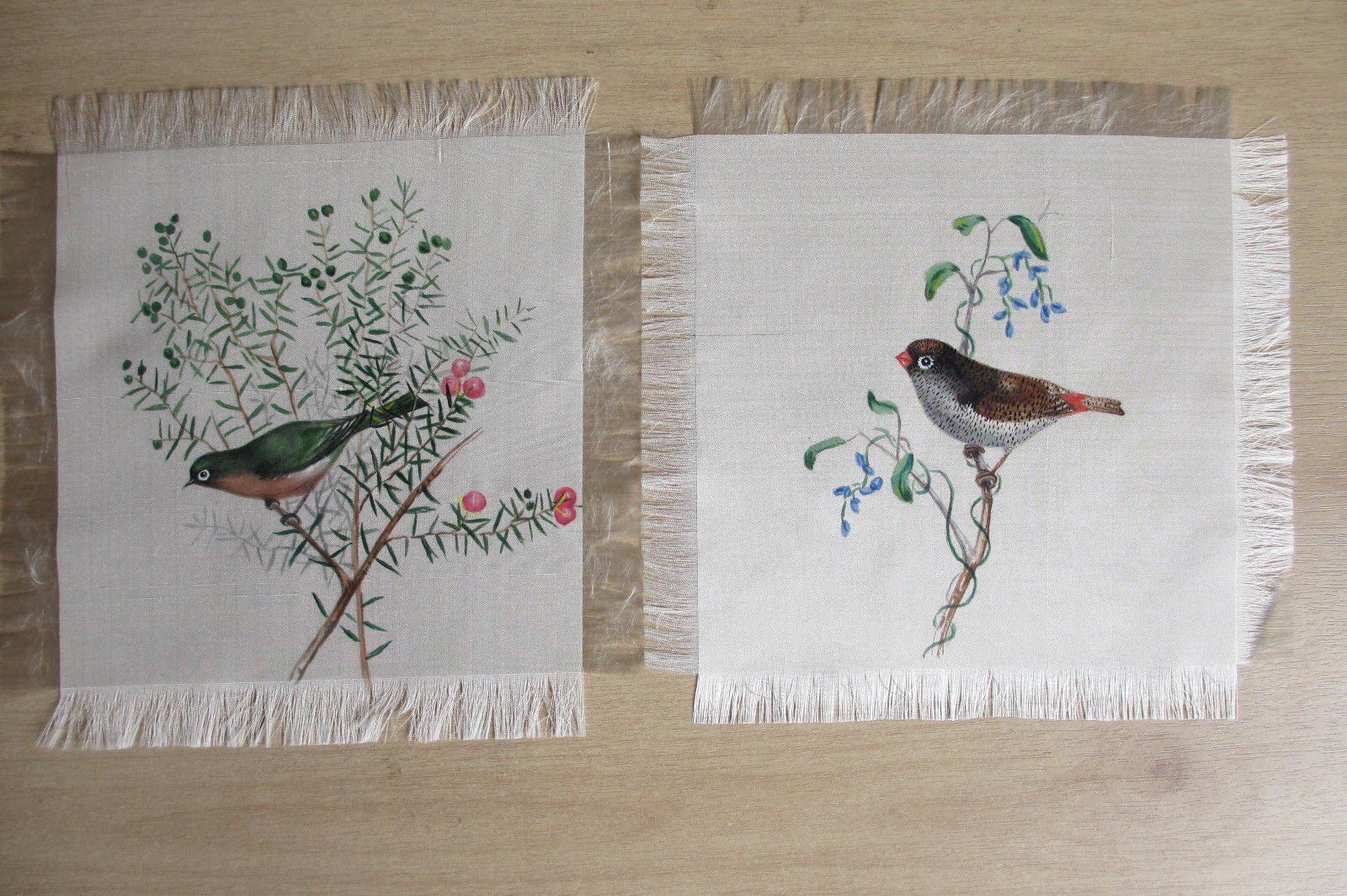 7 birds hand-painted Chinese-style  on silk squares