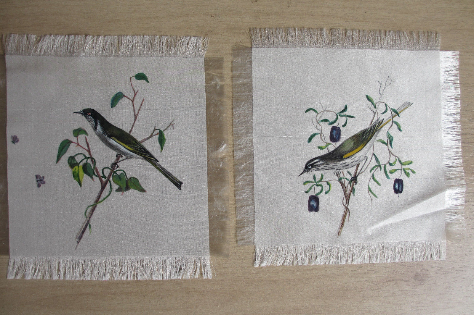 7 birds hand-painted Chinese-style  on silk squares