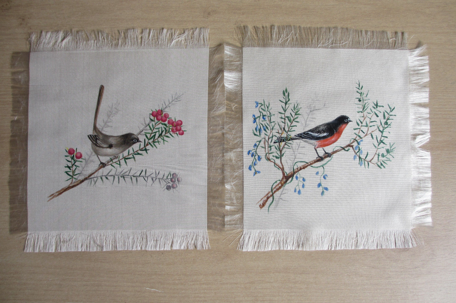 7 birds hand-painted Chinese-style  on silk squares