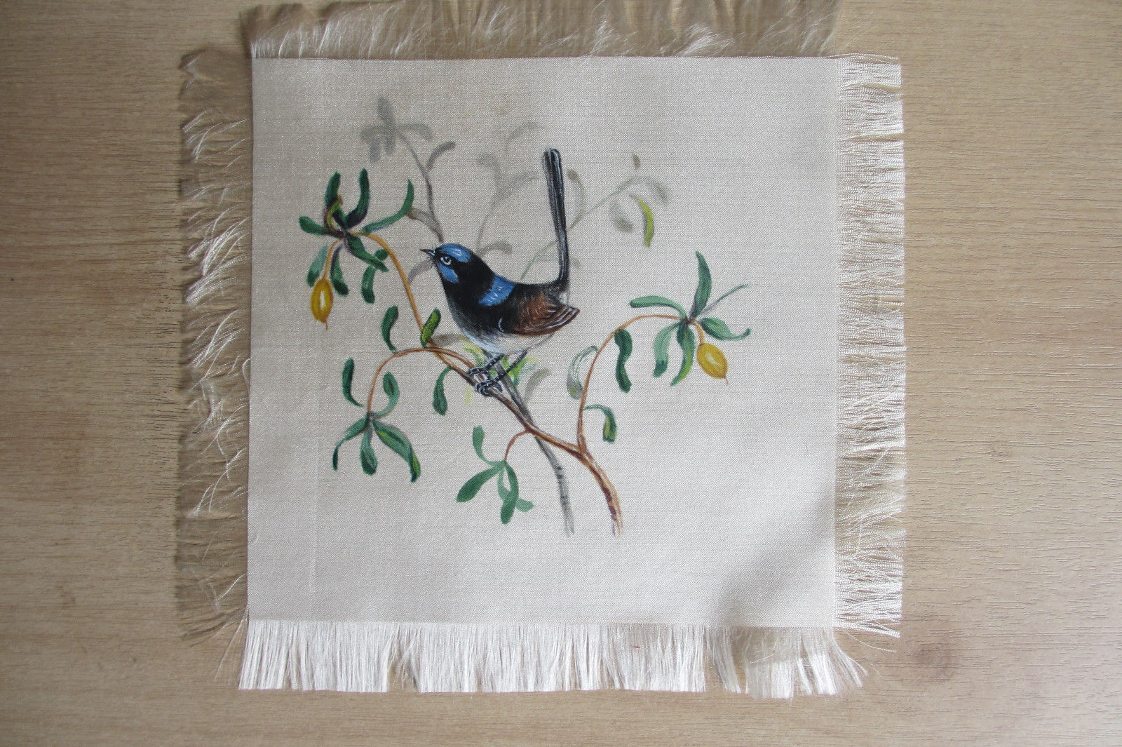 7 birds hand-painted Chinese-style  on silk squares