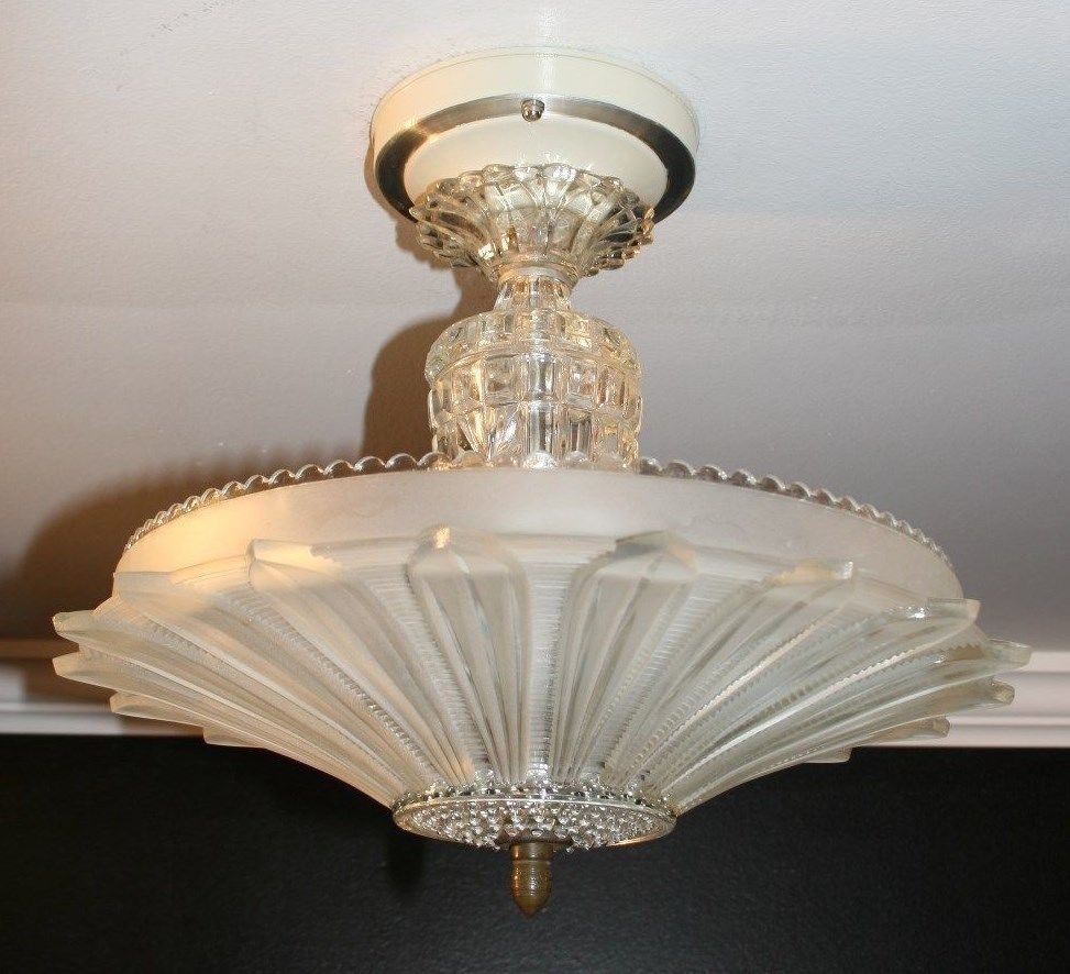 Antique frosted glass sunflower art deco light fixture ceiling chandelier 1940s