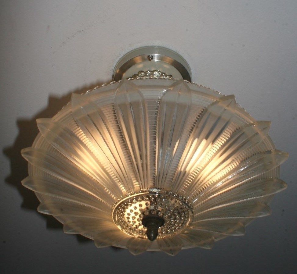 Antique frosted glass sunflower art deco light fixture ceiling chandelier 1940s