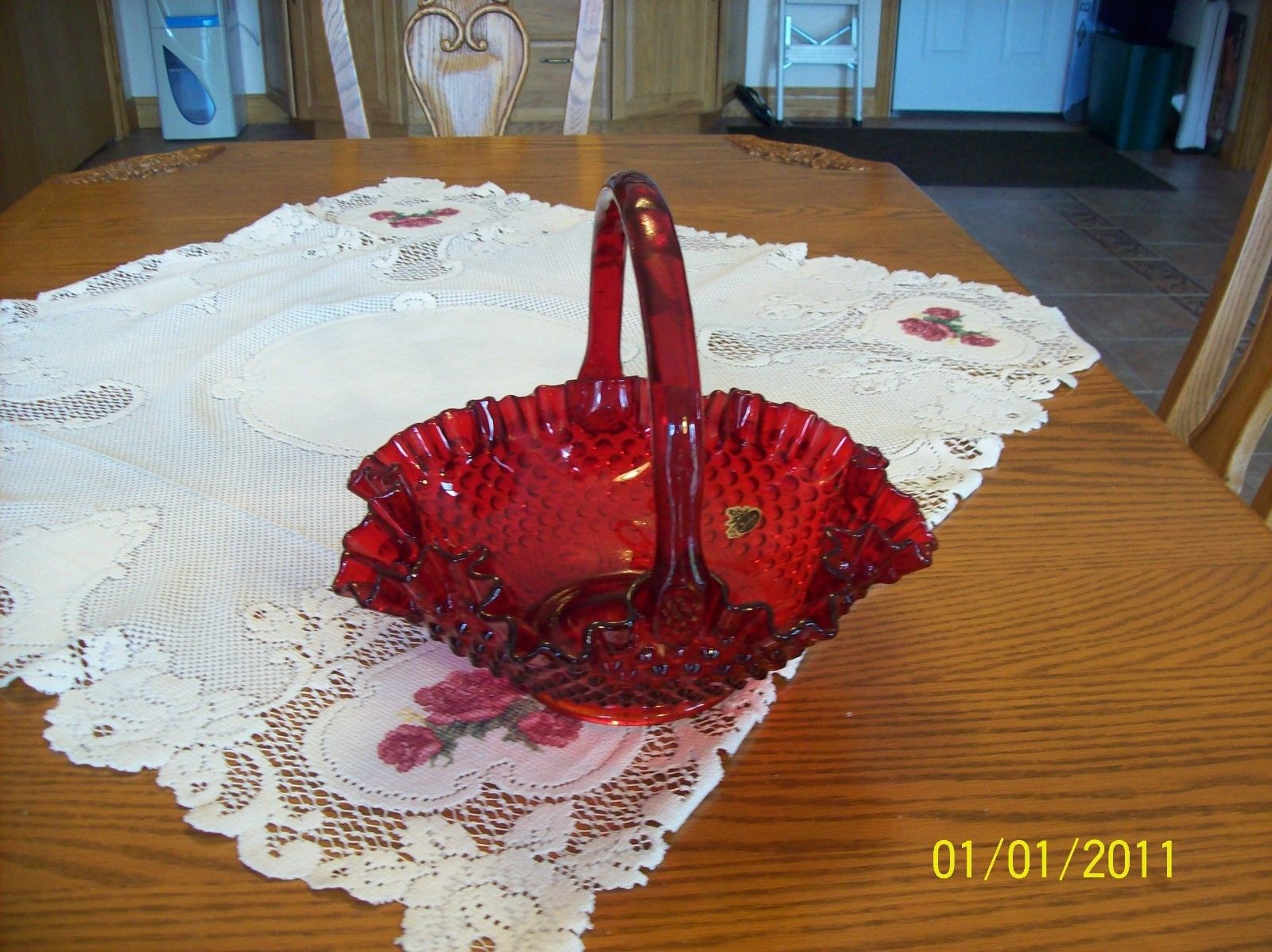 Fenton Art Glass Ruby Red Crimped Ruffled Hobnail Large Vintage Basket