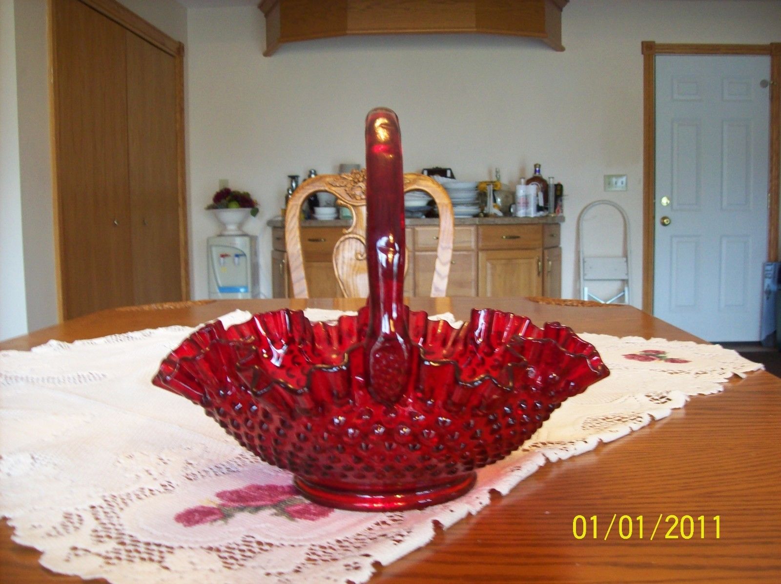 Fenton Art Glass Ruby Red Crimped Ruffled Hobnail Large Vintage Basket