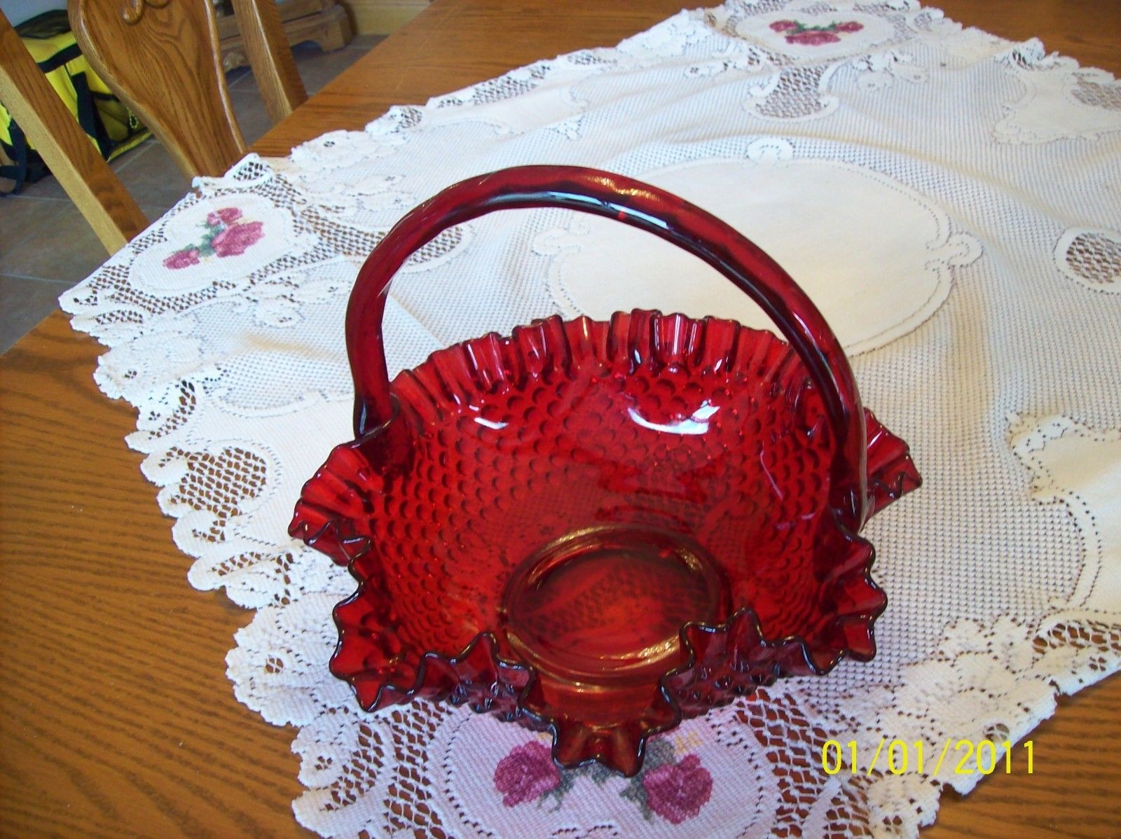 Fenton Art Glass Ruby Red Crimped Ruffled Hobnail Large Vintage Basket