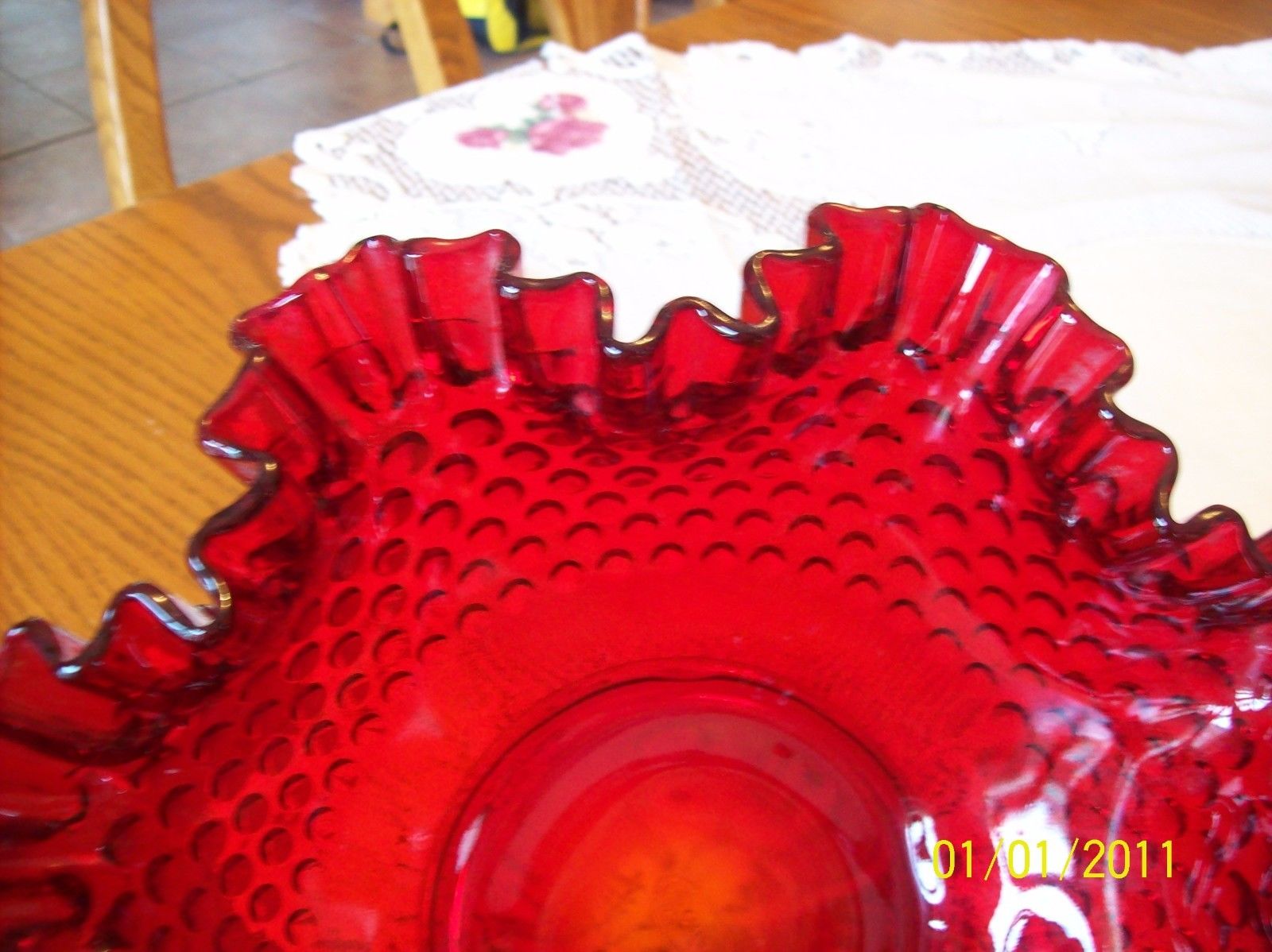 Fenton Art Glass Ruby Red Crimped Ruffled Hobnail Large Vintage Basket