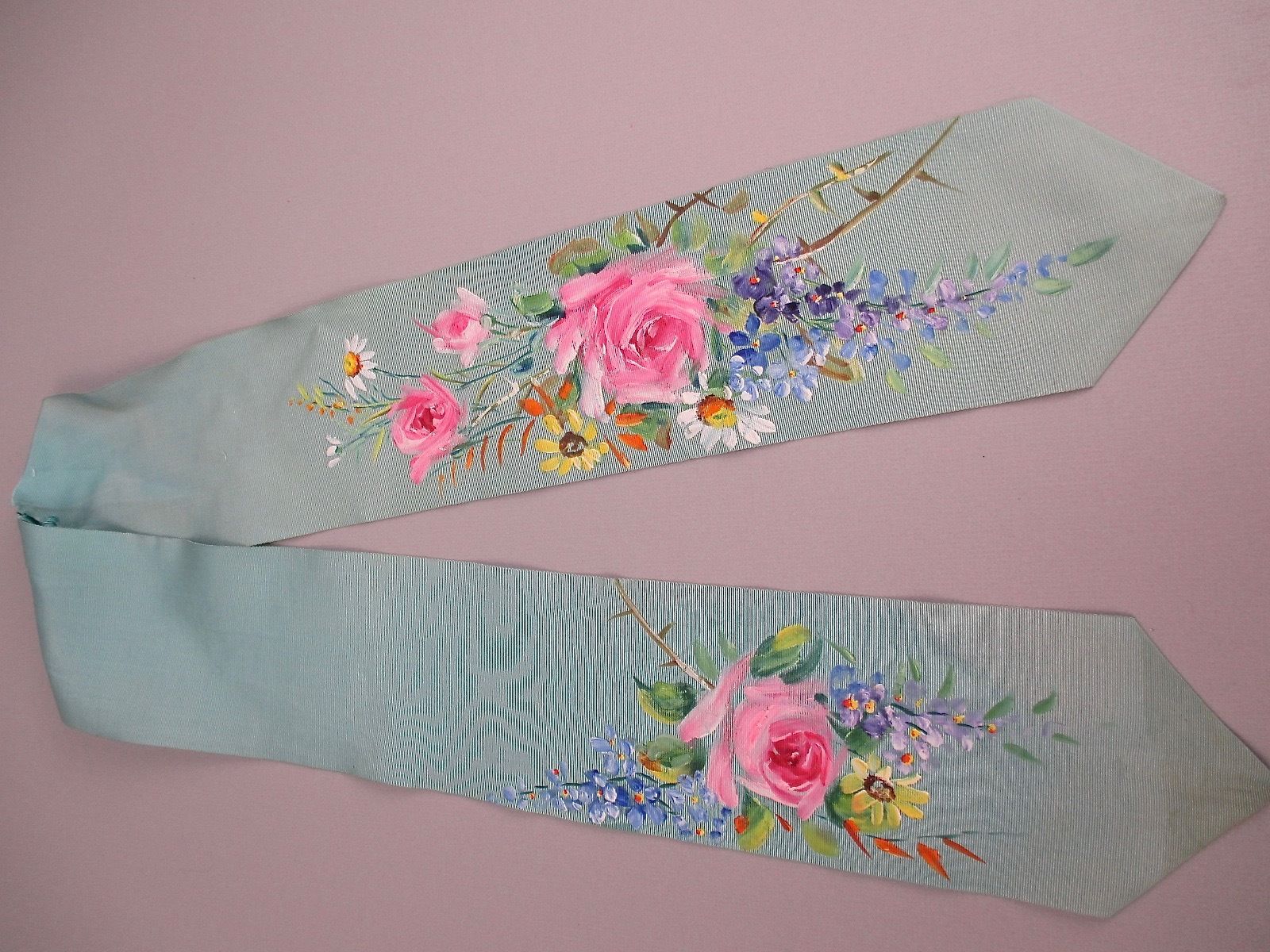 Antique Victorian Ribbon Hand painted silk cotton 2 pieces Powder blue