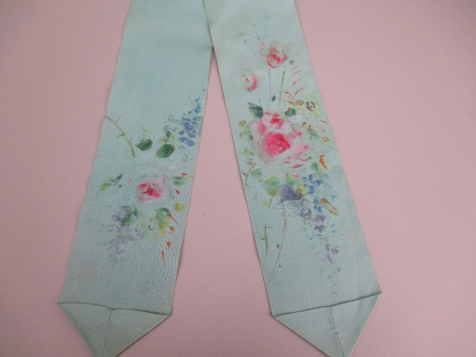 Antique Victorian Ribbon Hand painted silk cotton 2 pieces Powder blue