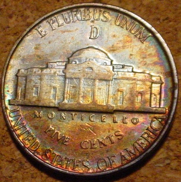 NICE TONING 1943 D WWII SILVER 5 CENTS UNITED STATES **NICE DETAILED COIN***