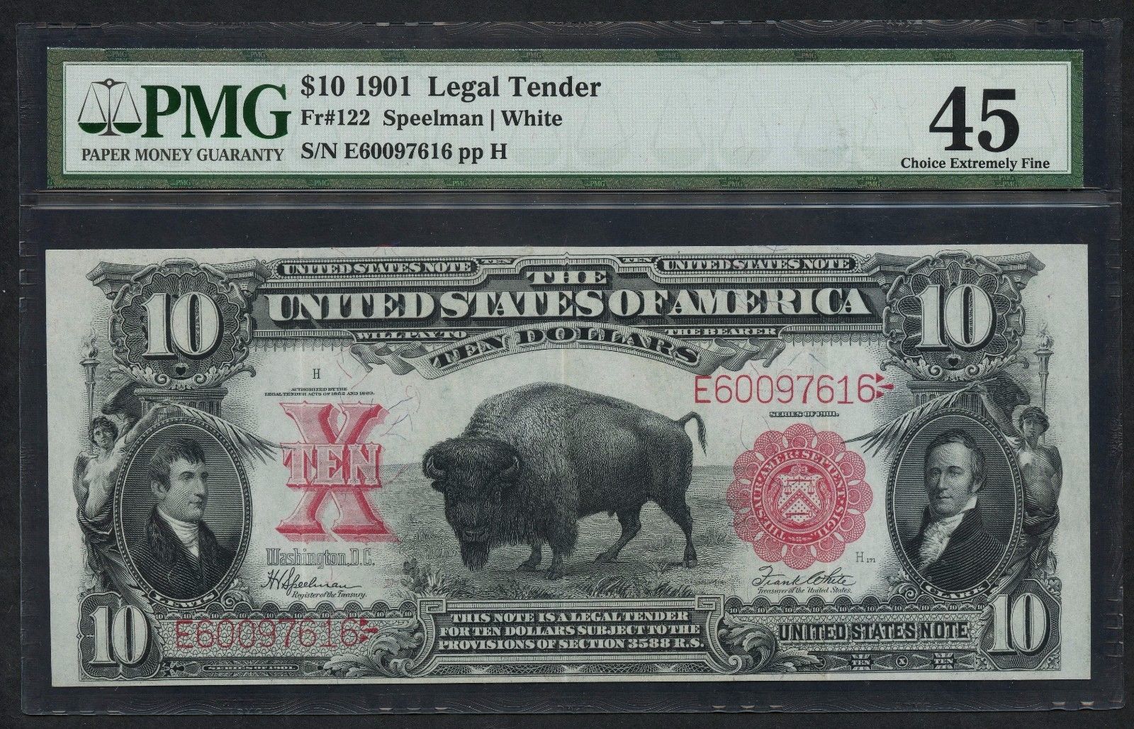 FR122 $10 1901 SERIES LEGAL TENDER "BISON NOTE" PMG 45 CHOICE XF WLM3830