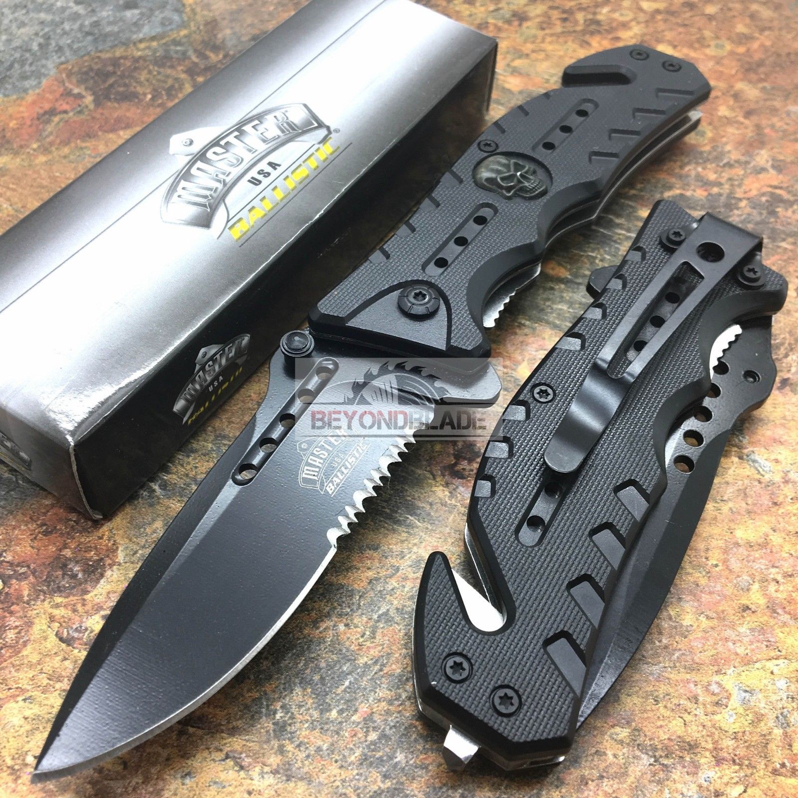 MASTER USA Black Skull Tactical Hunting Rescue Folding Pocket Knife MU-A010BK