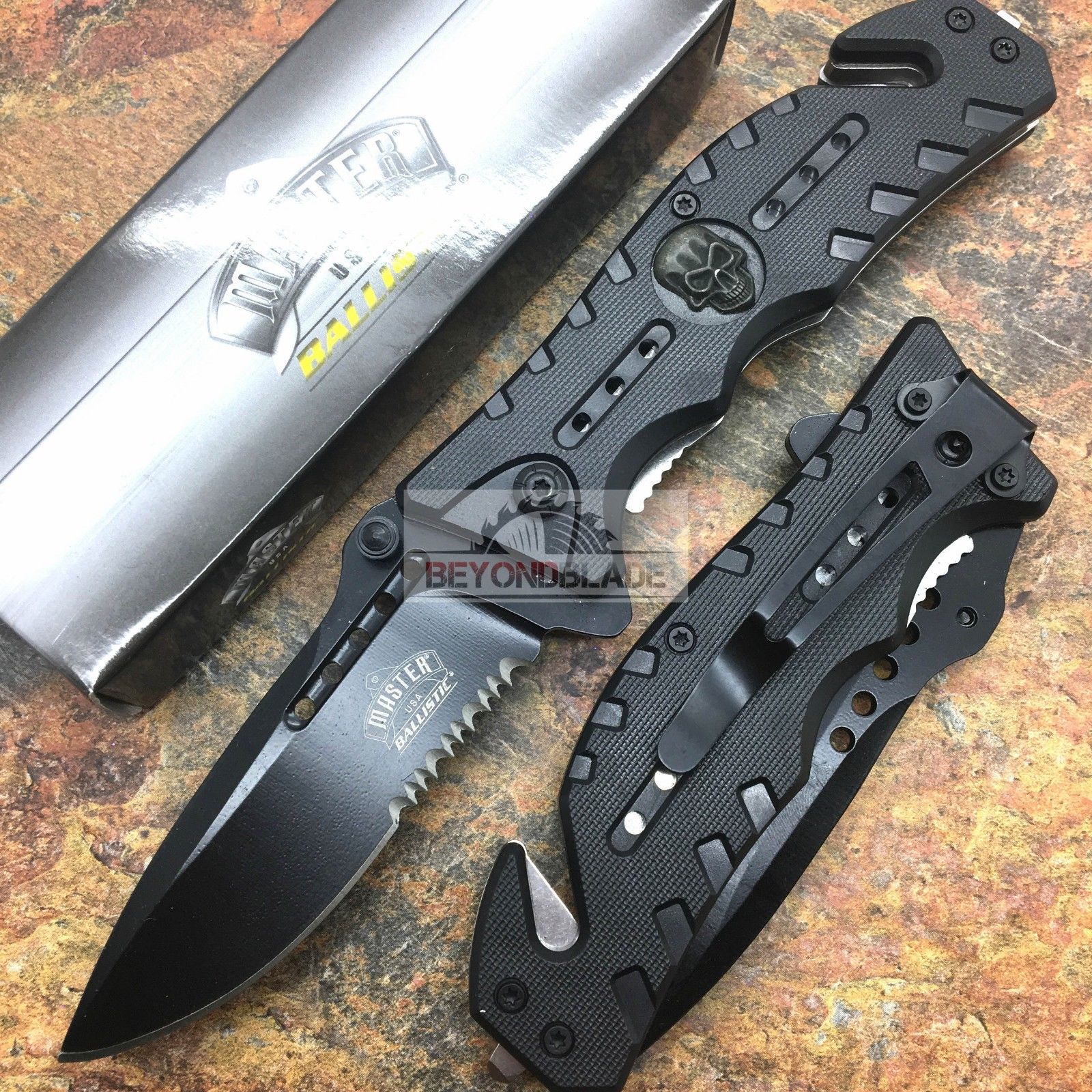 MASTER USA Black Skull Tactical Hunting Rescue Folding Pocket Knife MU-A010BK