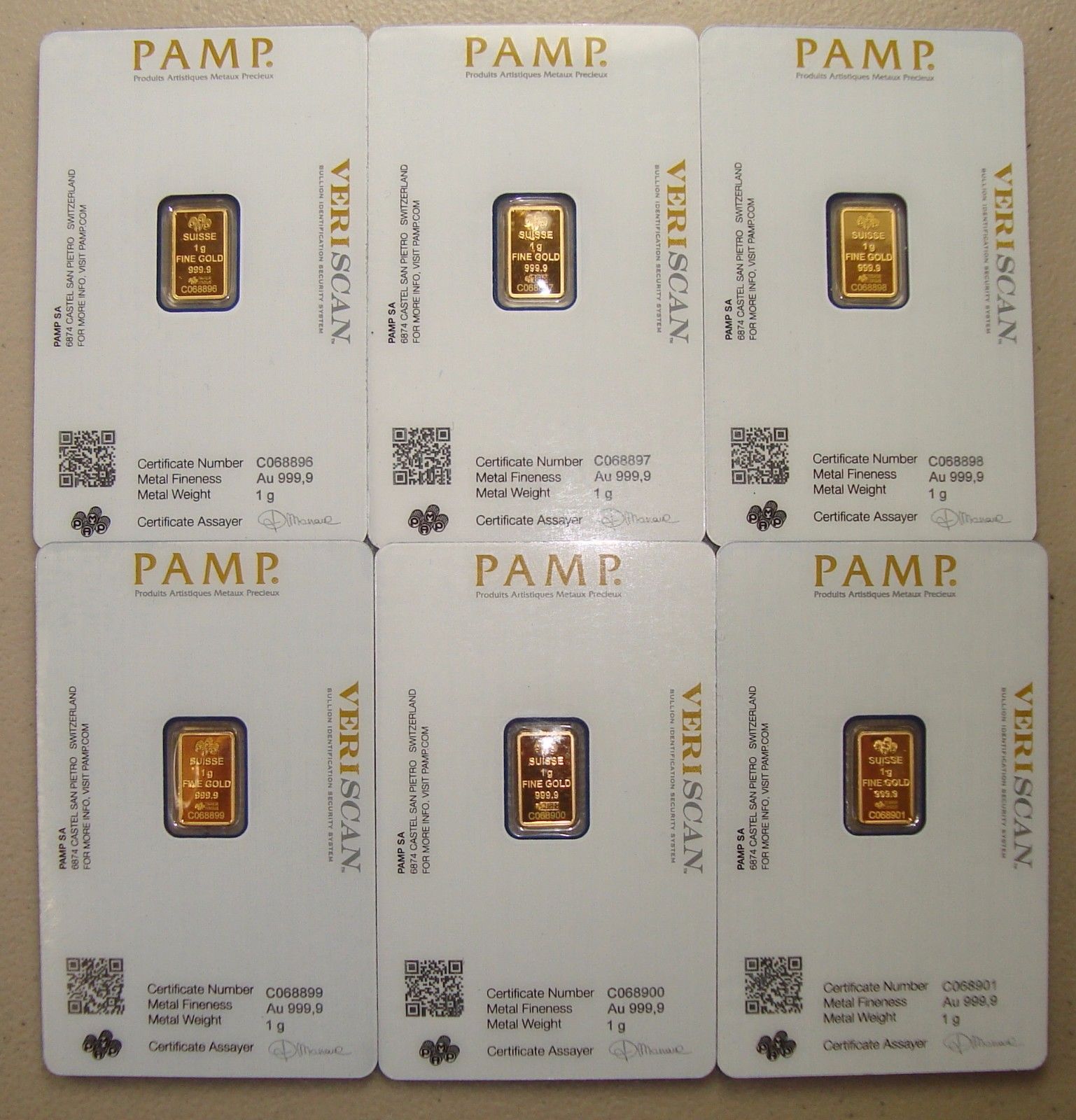 Lot of (6) Pamp Suisse .9999 Fine 1 Gram Gold Bullion Bars