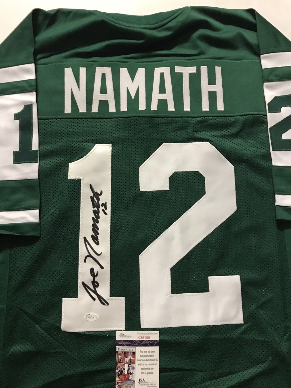 Autographed/Signed JOE NAMATH New York Jets Green Football Jersey JSA COA Auto