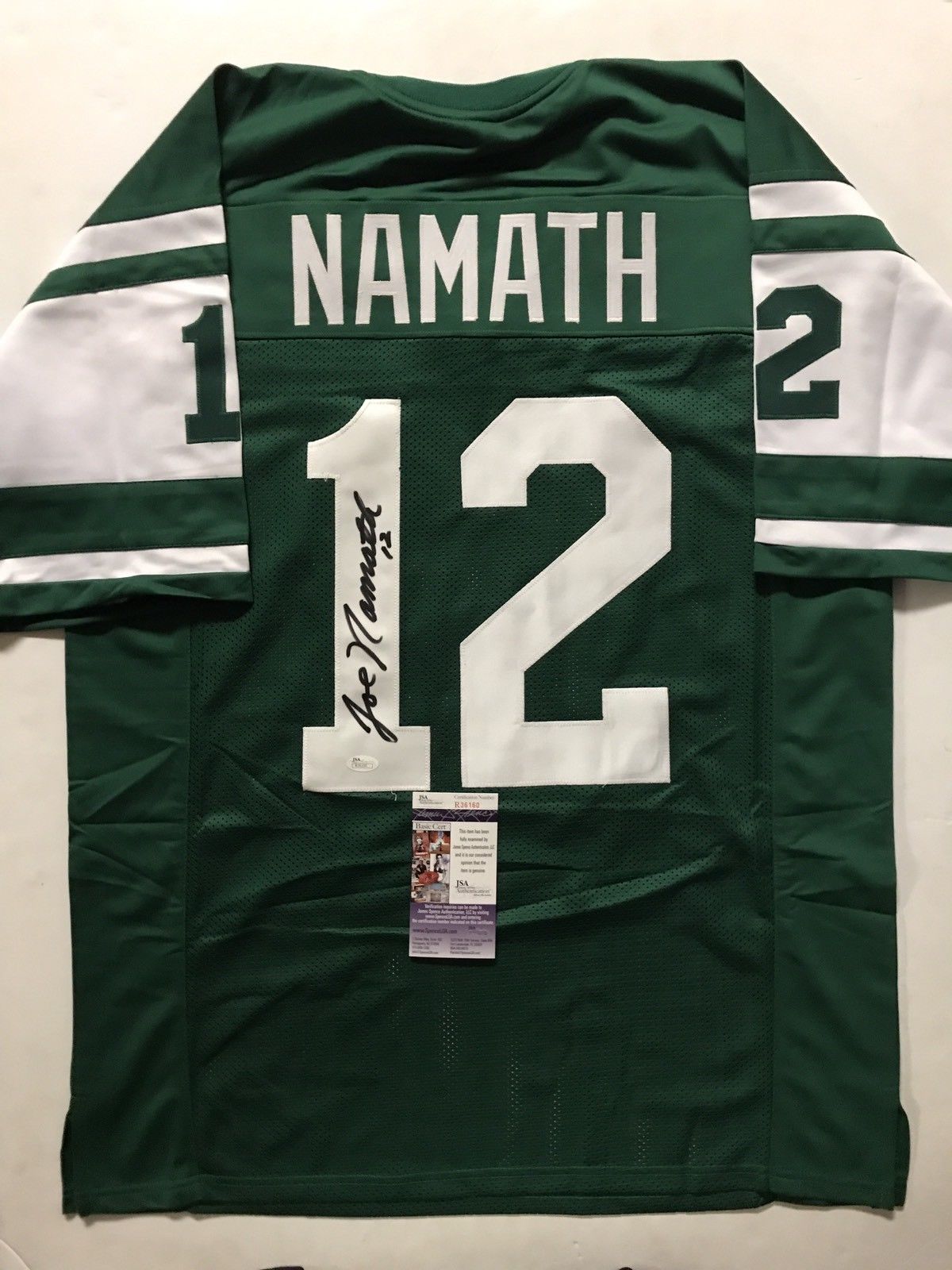 Autographed/Signed JOE NAMATH New York Jets Green Football Jersey JSA COA Auto