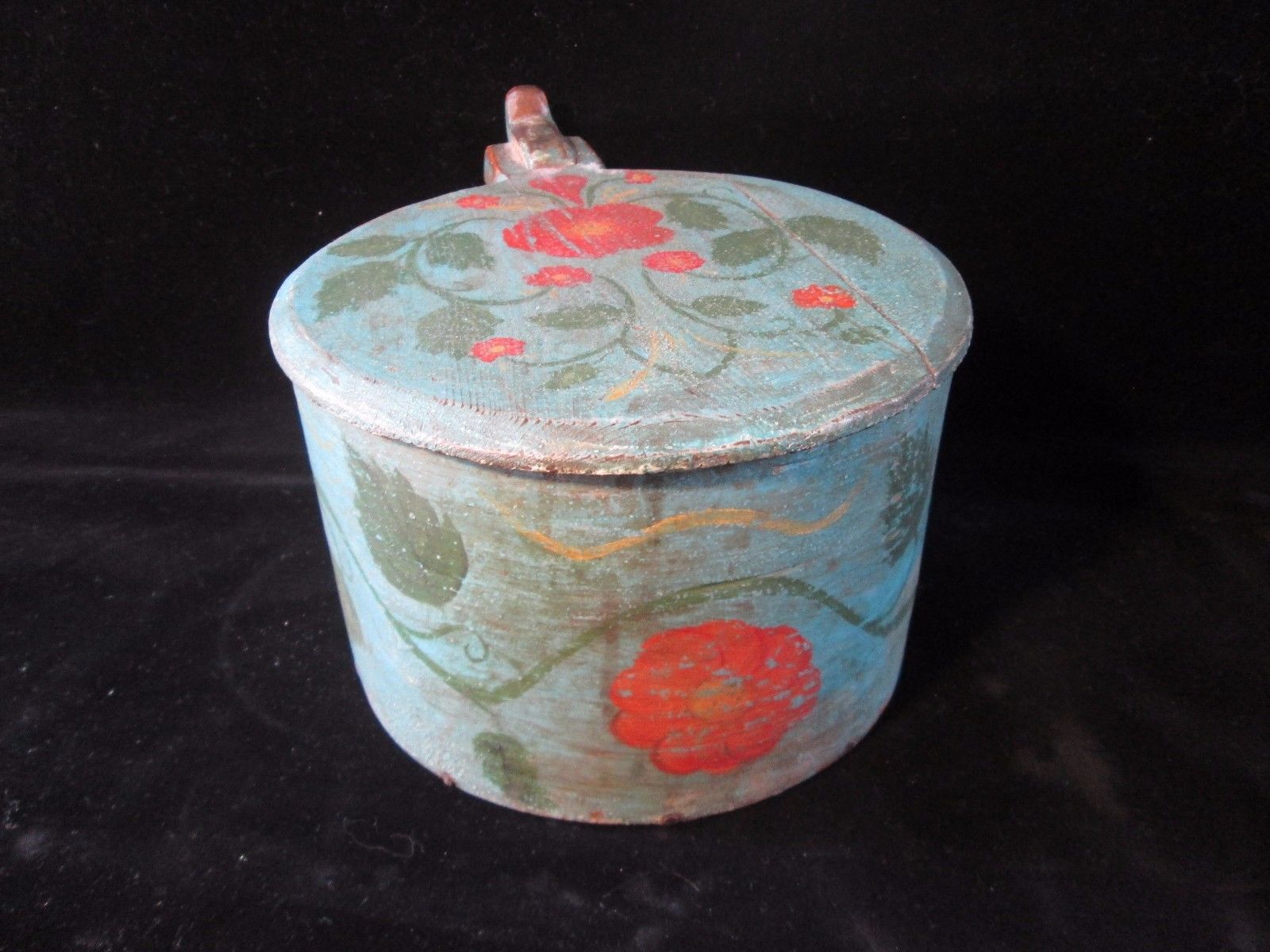 ANTIQUE WOODEN ROUND COVERED PANTRY BOX HAND PAINTED FLOWERS